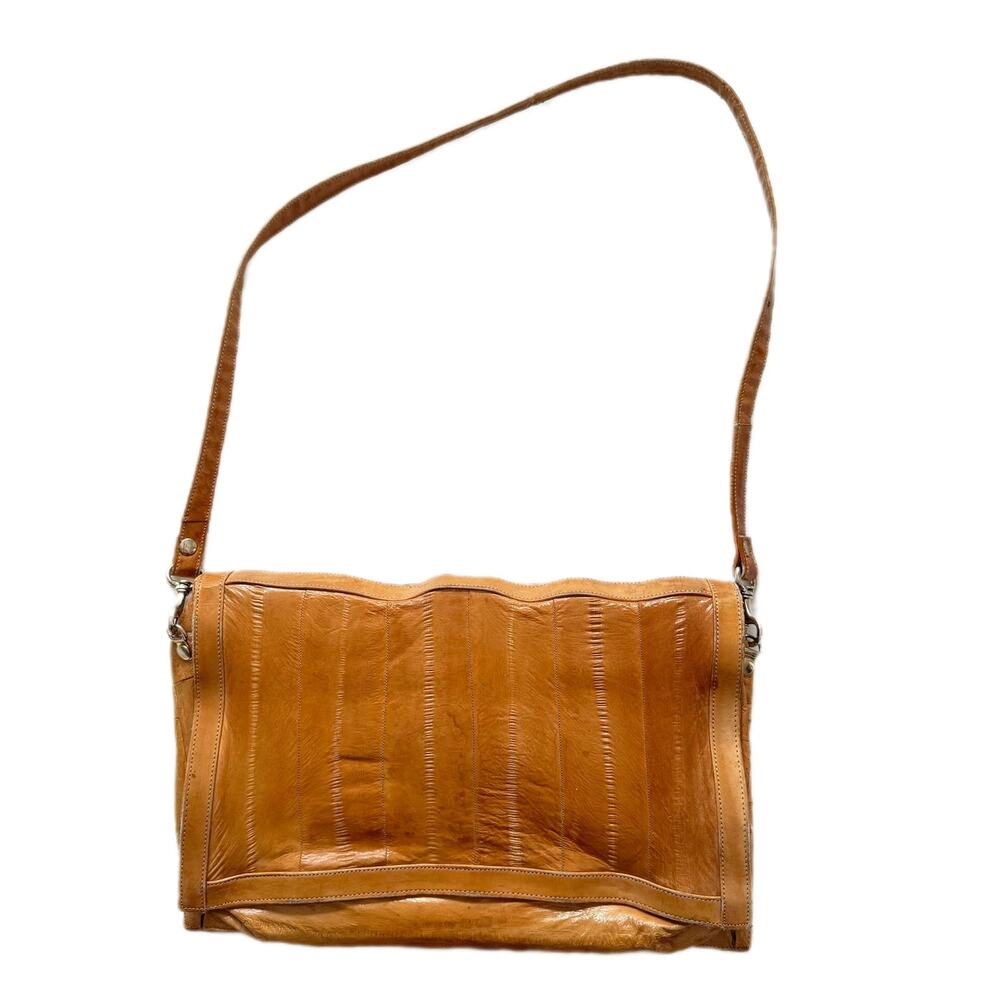 Vintage 1970s Eel Skin Satchel Crossbody Pocketed Caramel Colored Boho Purse